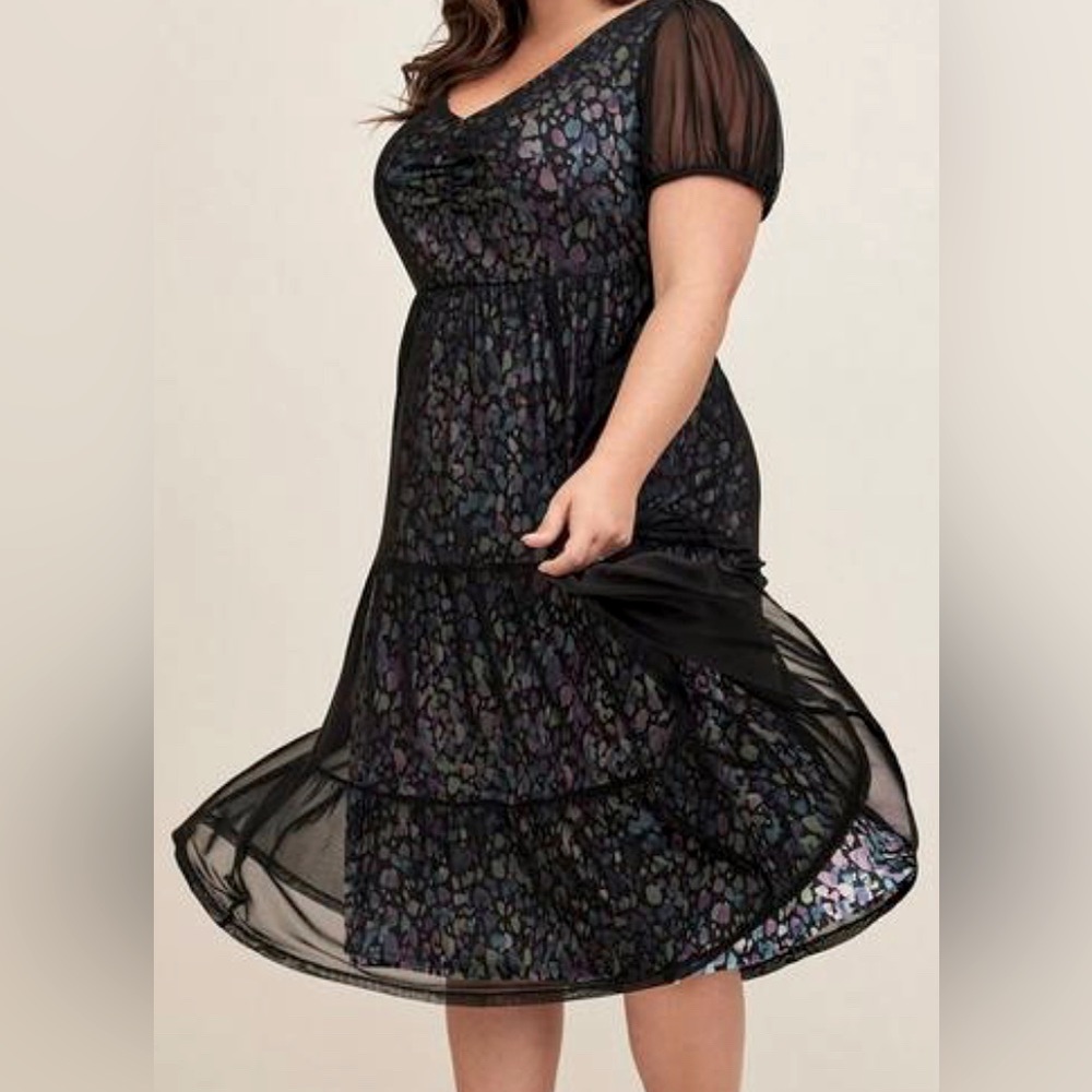 Torrid Tiered Midi Dress- Soft Mesh Spotted Black